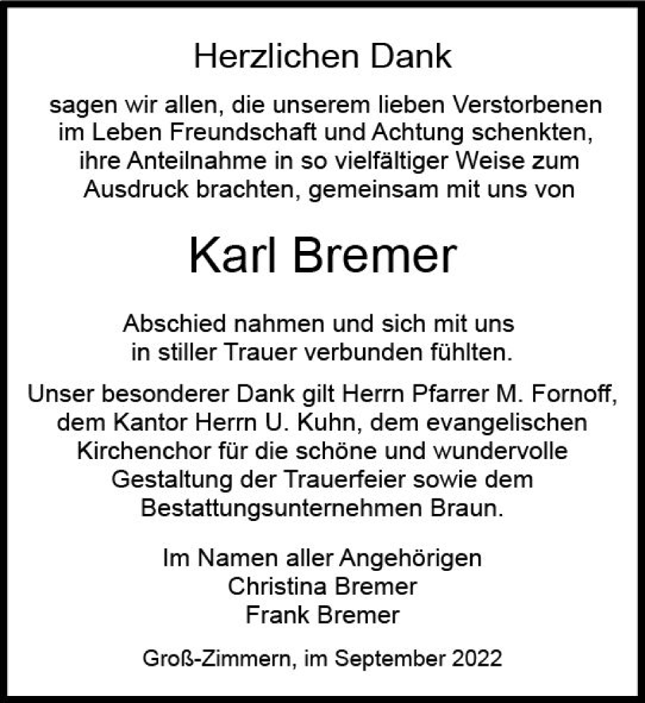 Traueranzeigen Von Karl Bremer Vrm Trauer De