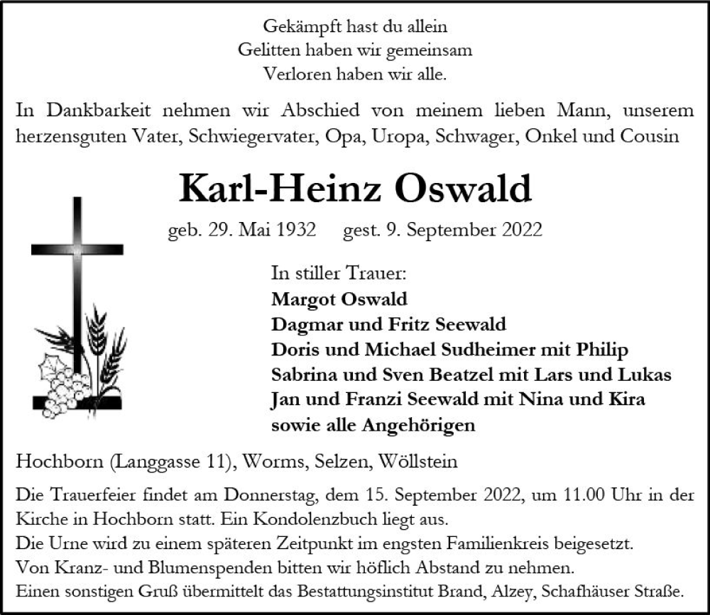 Traueranzeigen Von Karl Heinz Oswald Vrm Trauer De