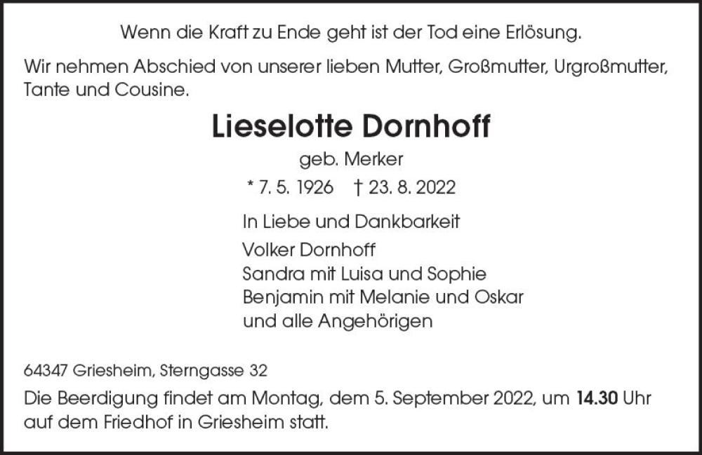 Traueranzeigen Von Lieselotte Dornhoff Vrm Trauer De