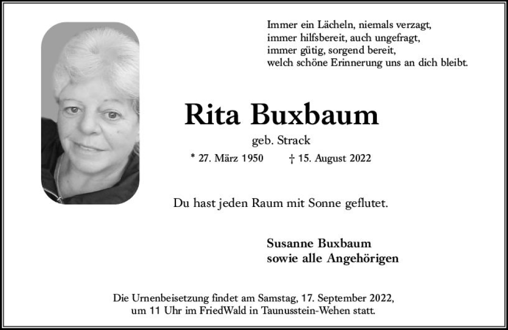 Traueranzeigen Von Rita Buxbaum Vrm Trauer De