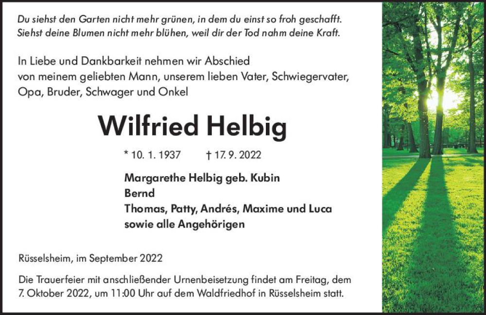 Traueranzeigen Von Wilfried Helbig Vrm Trauer De