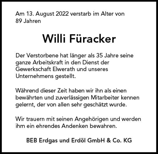 Traueranzeigen Von Willi F Racker Vrm Trauer De