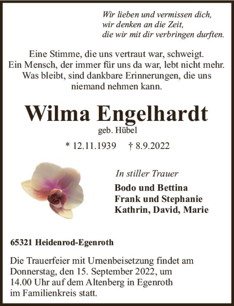 Traueranzeigen Von Wilma Engelhardt Vrm Trauer De