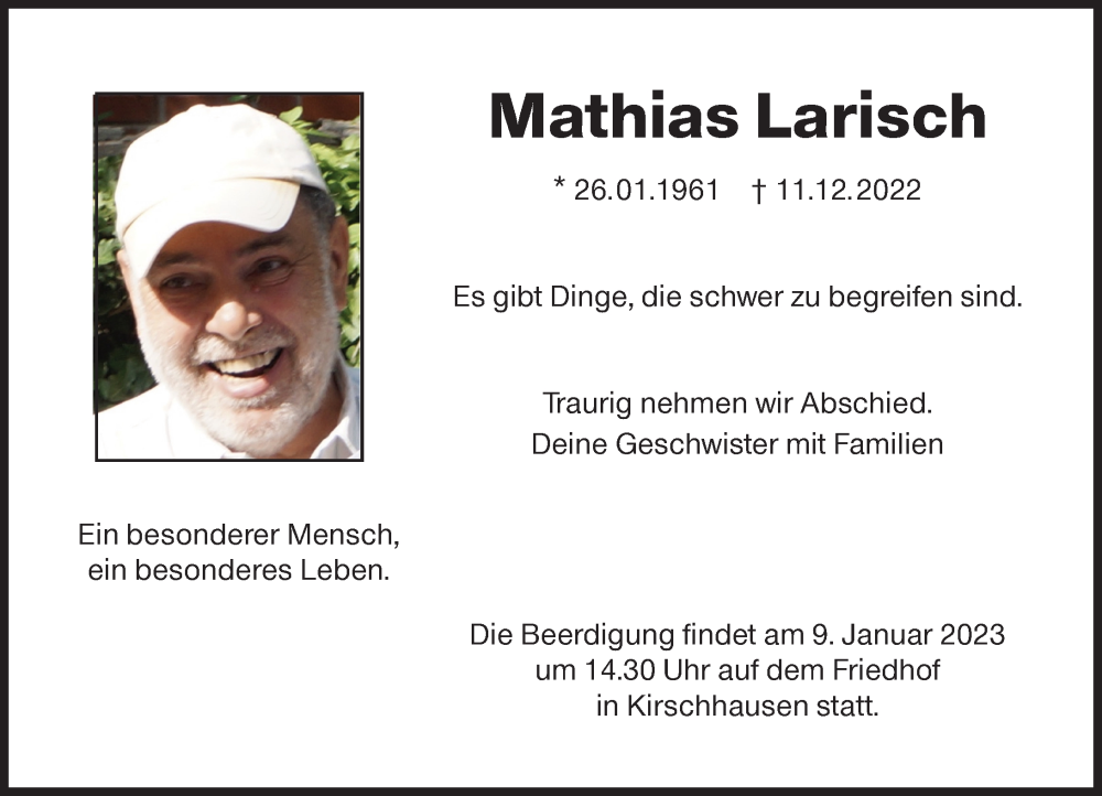 Traueranzeigen Von Mathias Larisch Vrm Trauer De