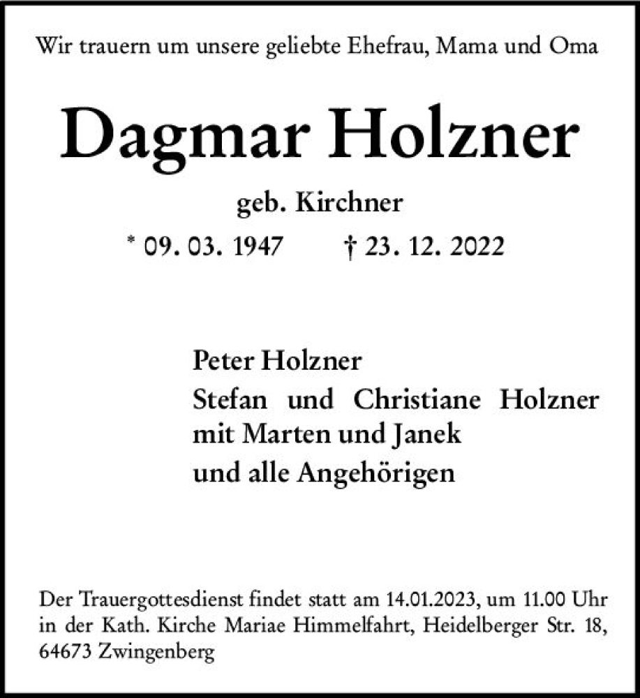 Traueranzeigen Von Dagmar Holzner Vrm Trauer De