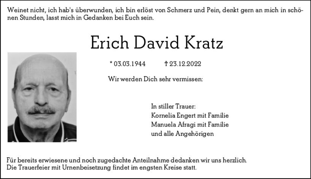 Traueranzeigen Von Erich David Kratz Vrm Trauer De