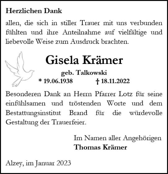 Traueranzeigen Von Gisela Kr Mer Vrm Trauer De