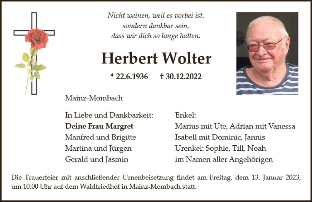 Traueranzeigen Von Herbert Wolter Vrm Trauer De