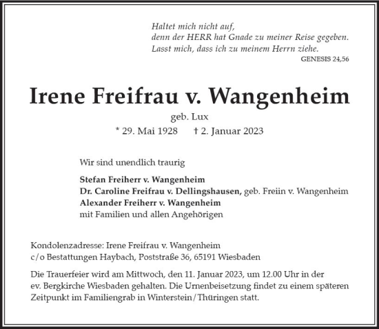 Traueranzeigen Von Irene Freifrau V Wangenheim Vrm Trauer De