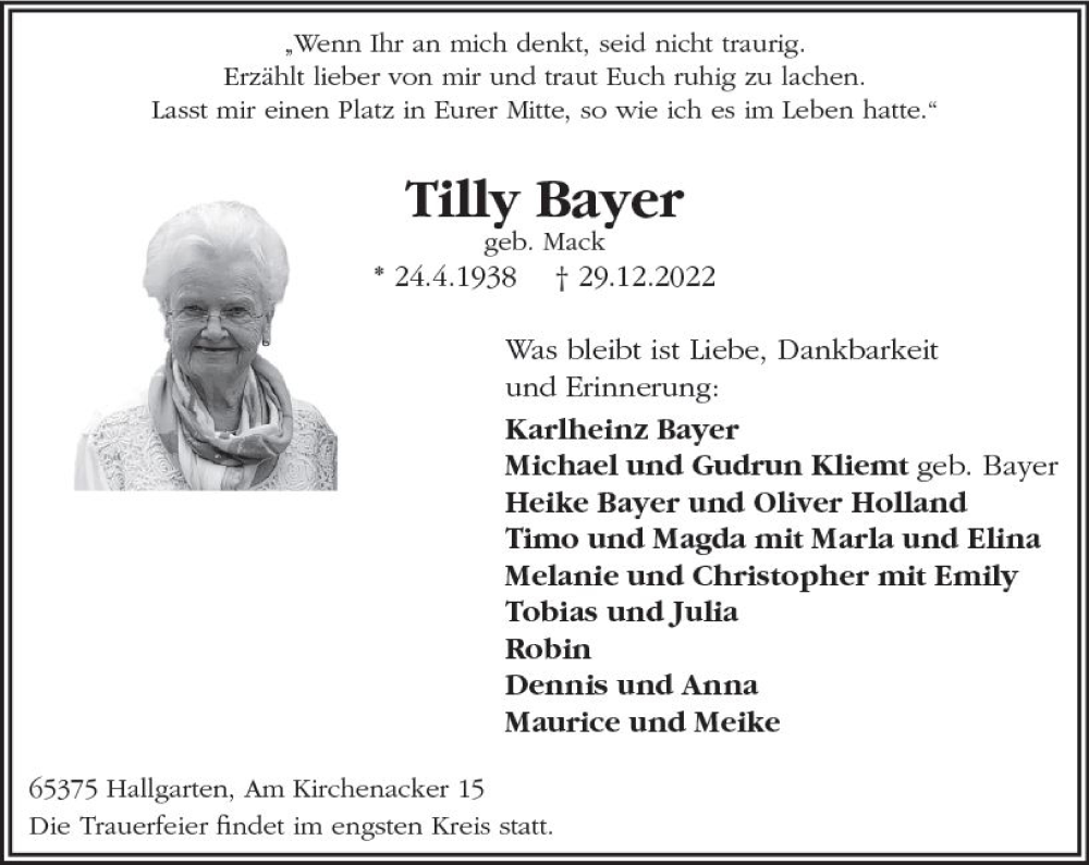 Traueranzeigen Von Tilly Bayer Vrm Trauer De