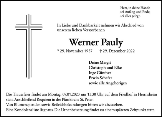 Traueranzeigen Von Werner Pauly Vrm Trauer De