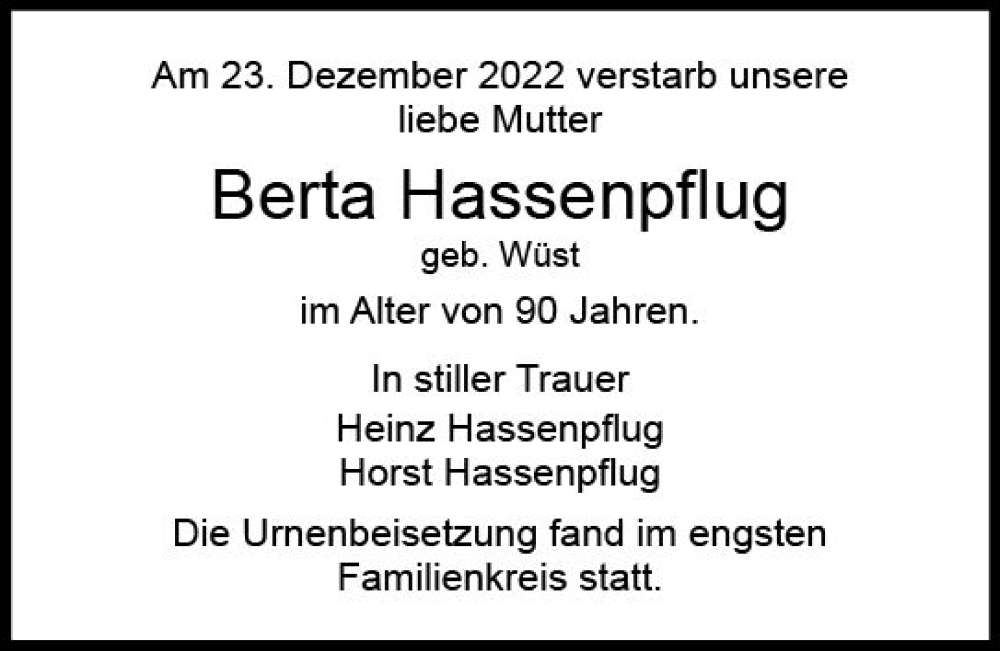 Traueranzeigen Von Berta Hassenpflug Vrm Trauer De