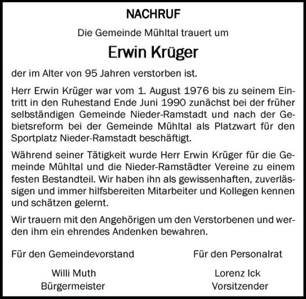 Traueranzeigen Von Erwin Kr Ger Vrm Trauer De