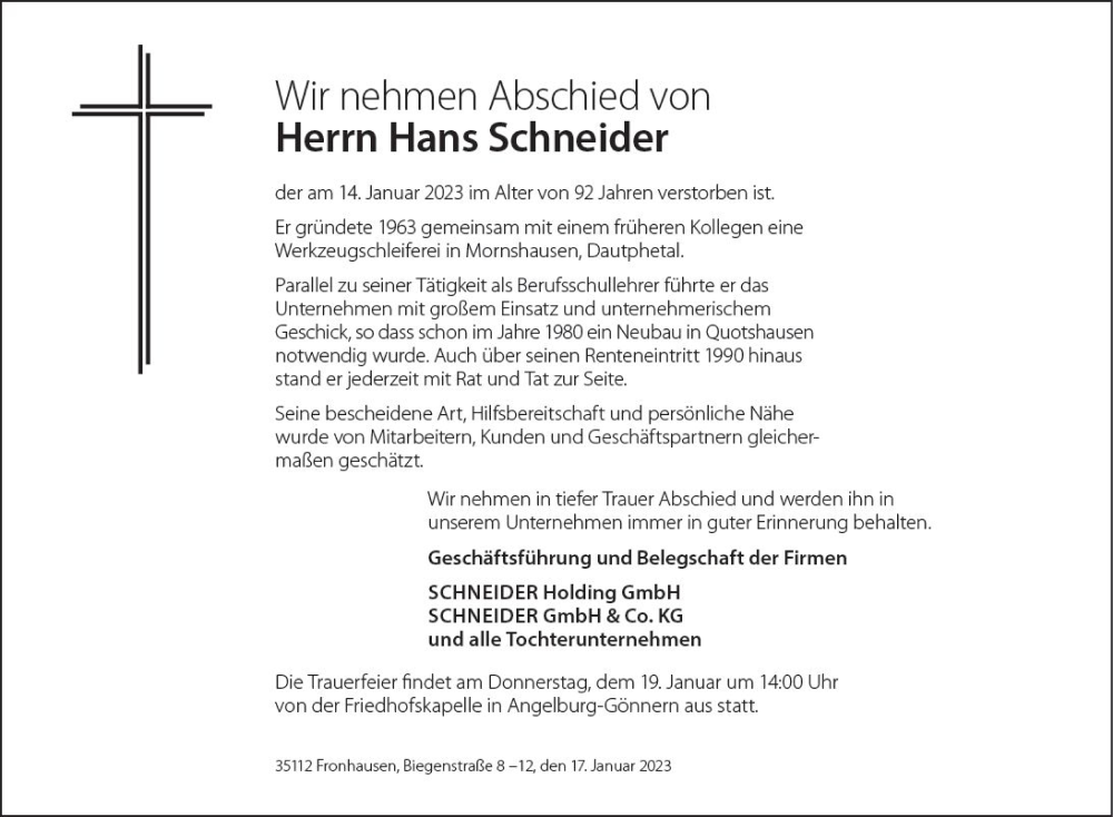 Traueranzeigen Von Hans Schneider Vrm Trauer De