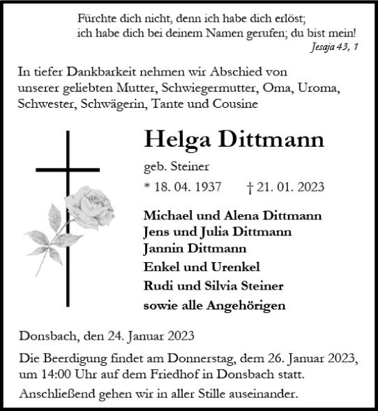 Traueranzeigen Von Helga Dittmann Vrm Trauer De