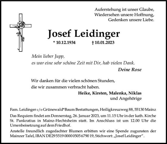 Traueranzeigen Von Josef Leidinger Vrm Trauer De