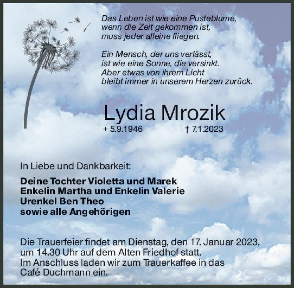 Traueranzeigen Von Lydia Mrozik Vrm Trauer De