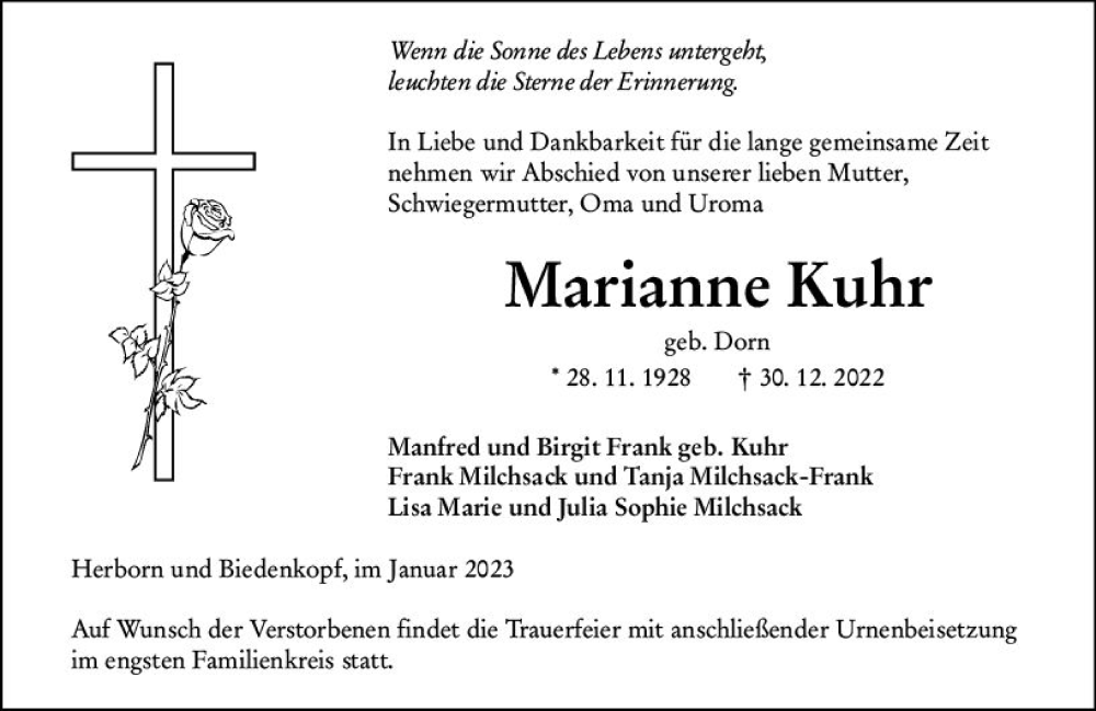 Traueranzeigen Von Marianne Kuhr Vrm Trauer De