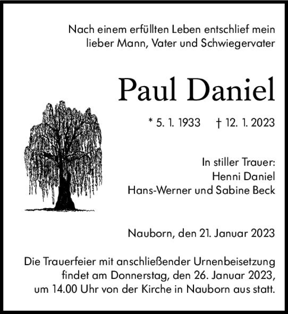 Traueranzeigen Von Paul Daniel Vrm Trauer De