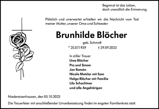 Traueranzeigen Von Brunhilde Bl Cher Vrm Trauer De