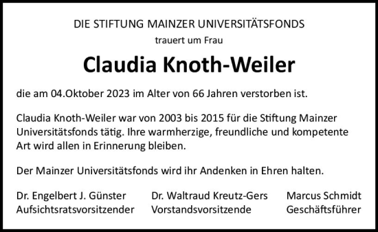 Traueranzeigen Von Claudia Knoth Weiler Vrm Trauer De