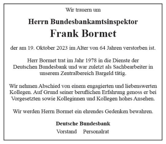 Traueranzeigen Von Frank Bormet Vrm Trauer De