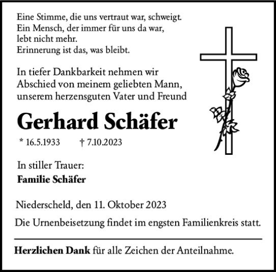 Traueranzeigen von Gerhard Schäfer vrm trauer de