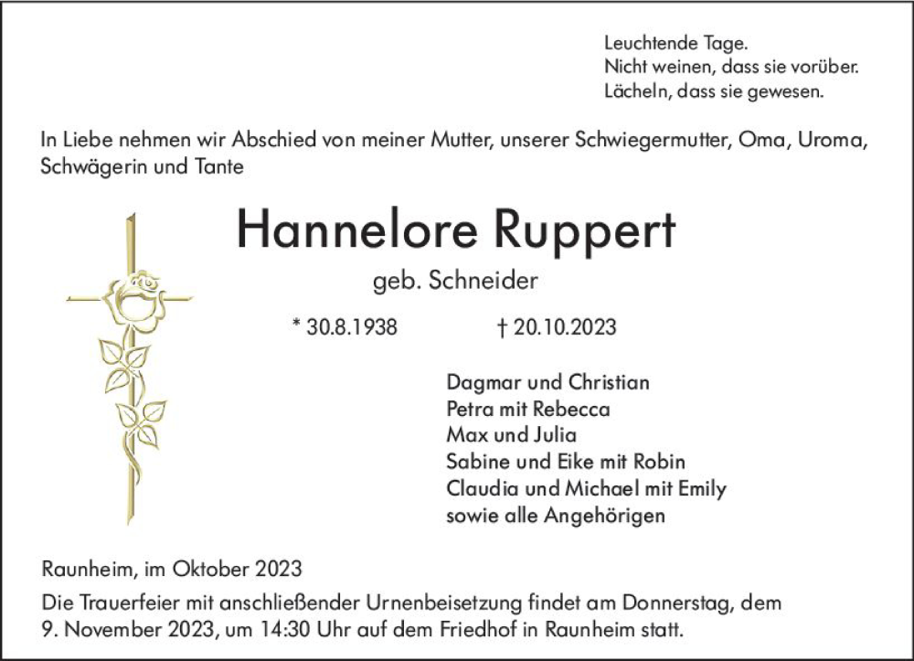 Traueranzeigen Von Hannelore Ruppert Vrm Trauer De