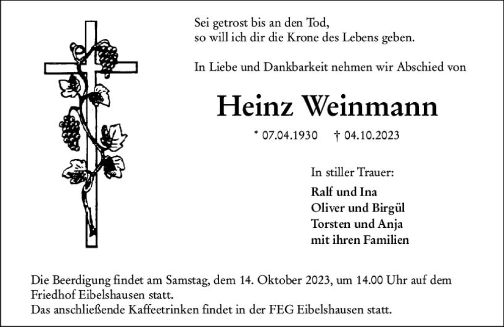 Traueranzeigen Von Heinz Weinmann Vrm Trauer De