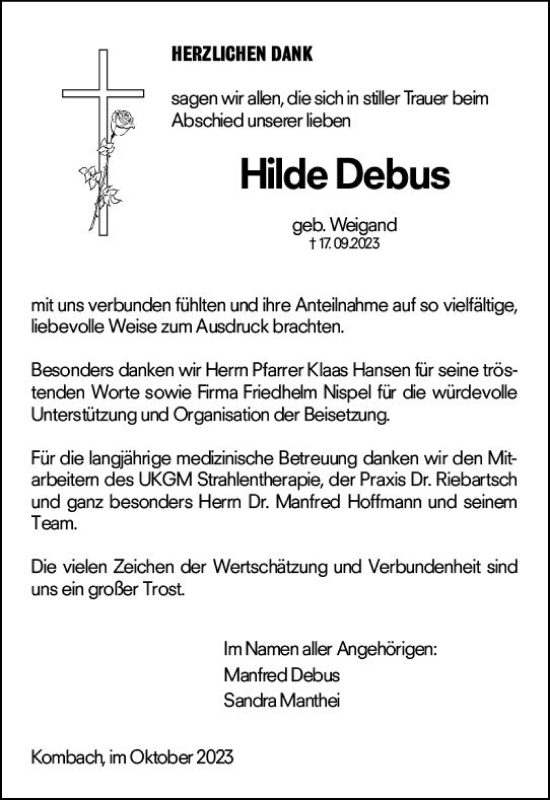 Traueranzeigen Von Hilde Debus Vrm Trauer De