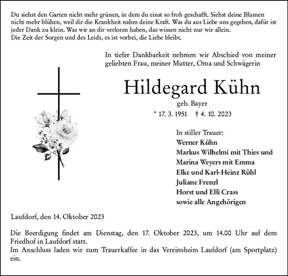 Traueranzeigen von Hildegard Kühn vrm trauer de