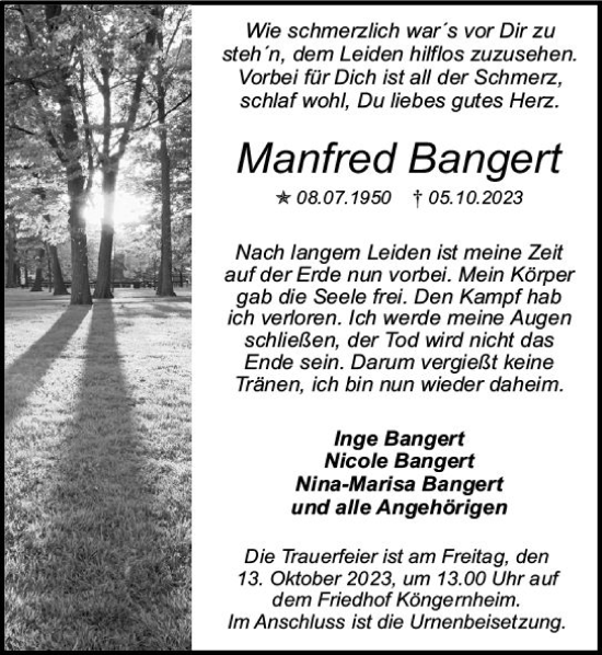 Traueranzeigen Von Manfred Bangert Vrm Trauer De