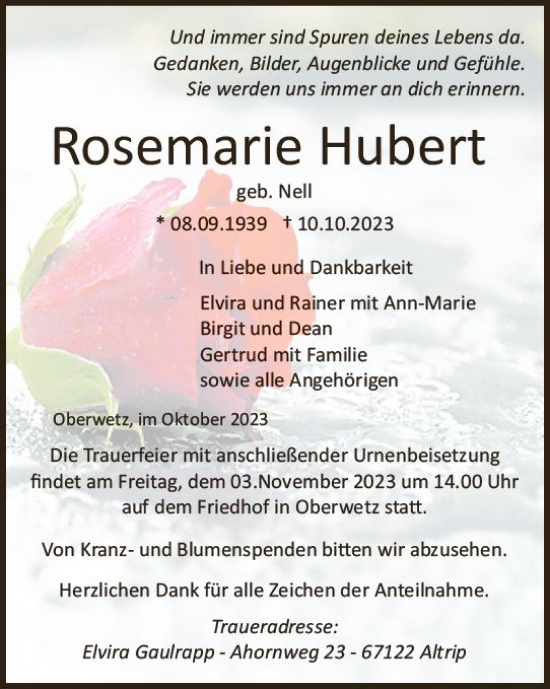 Traueranzeigen Von Rosemarie Hubert Vrm Trauer De