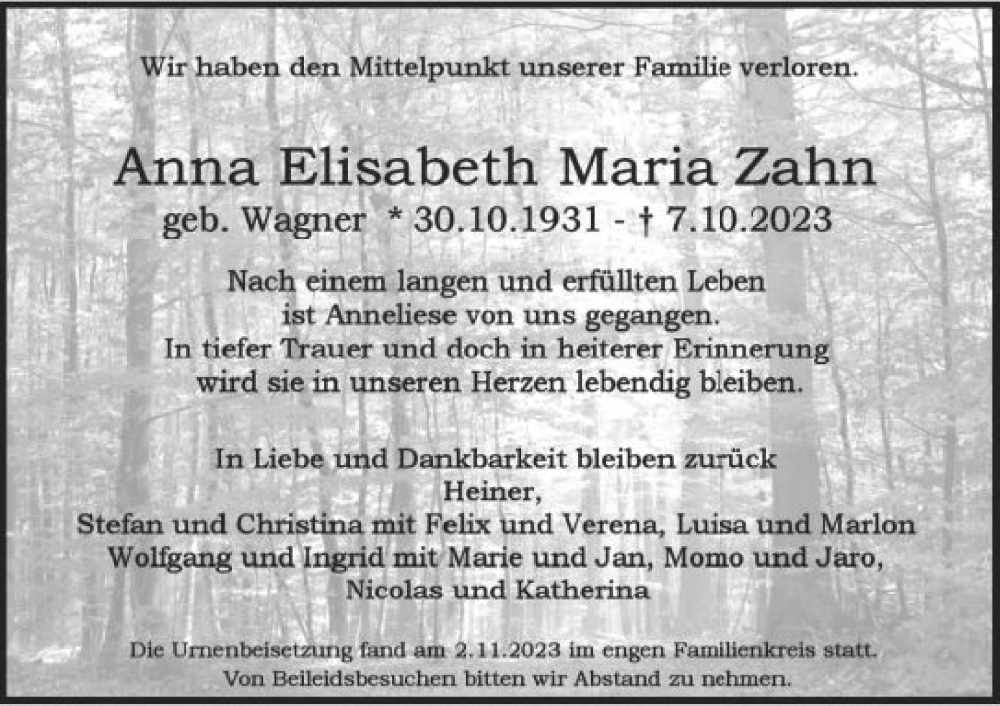 Traueranzeigen Von Anna Elisabeth Maria Zahn Vrm Trauer De