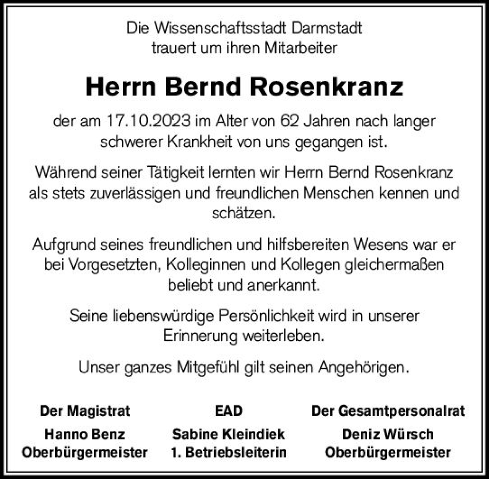 Traueranzeigen Von Bernd Rosenkranz Vrm Trauer De