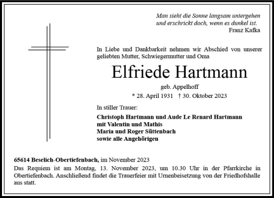 Traueranzeigen Von Elfriede Hartmann Vrm Trauer De