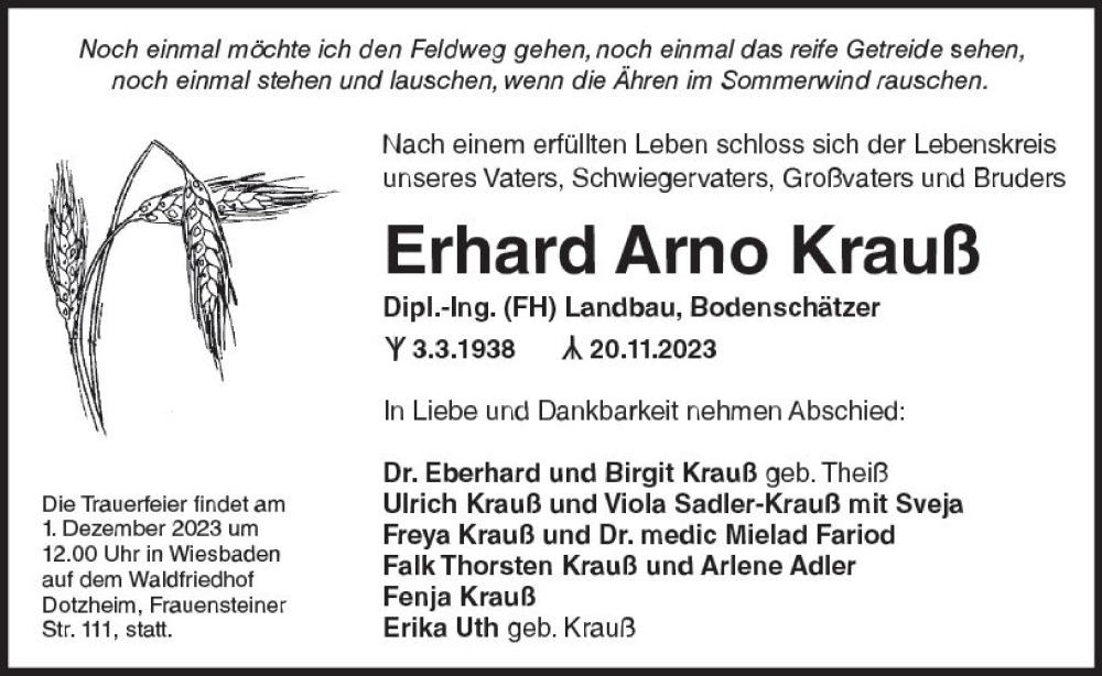 Traueranzeigen Von Erhard Arno Krau Vrm Trauer De