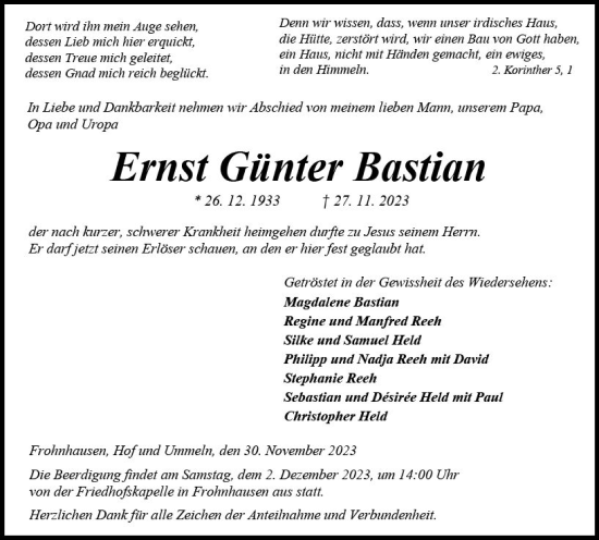 Traueranzeigen von Ernst Günter Bastian vrm trauer de