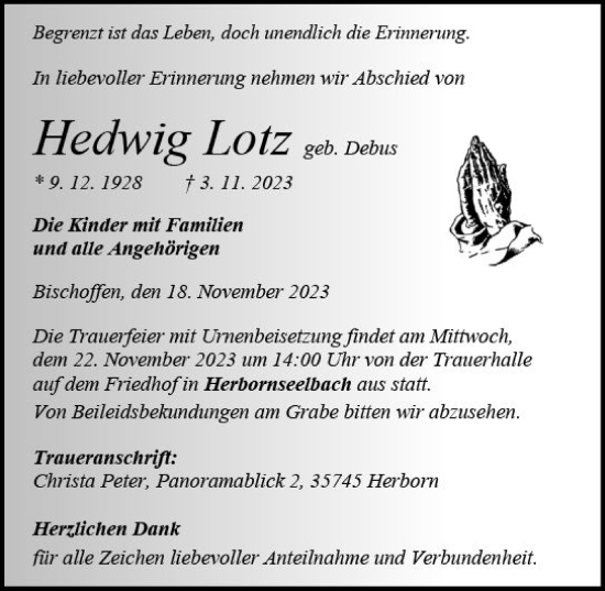 Traueranzeigen Von Hedwig Lotz Vrm Trauer De