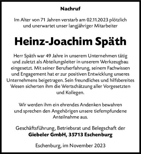 Traueranzeigen von Heinz Joachim Späth vrm trauer de