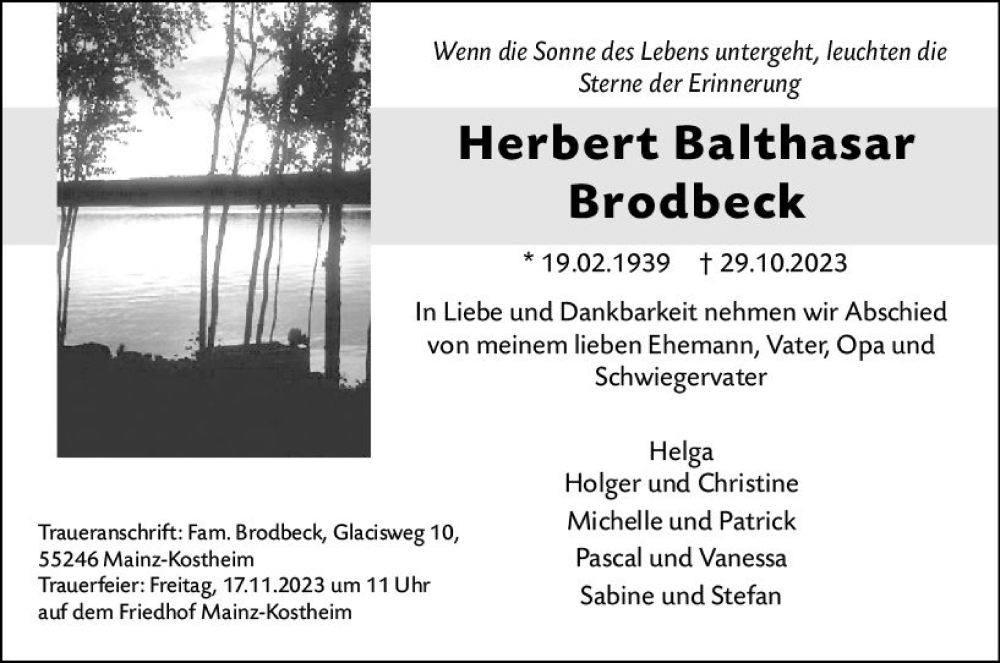 Traueranzeigen Von Herbert Balthasar Brodbeck Vrm Trauer De