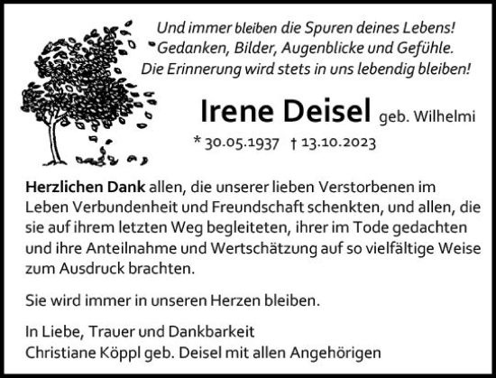 Traueranzeigen Von Irene Deisel Vrm Trauer De