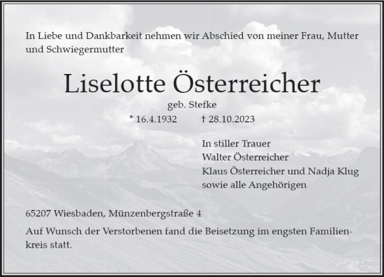 Traueranzeigen von Liselotte Österreicher vrm trauer de