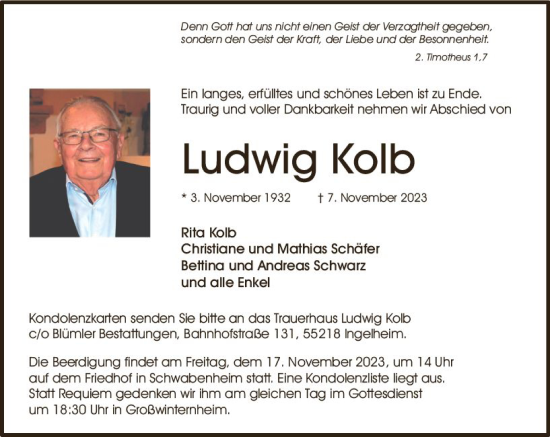 Traueranzeigen Von Ludwig Kolb Vrm Trauer De