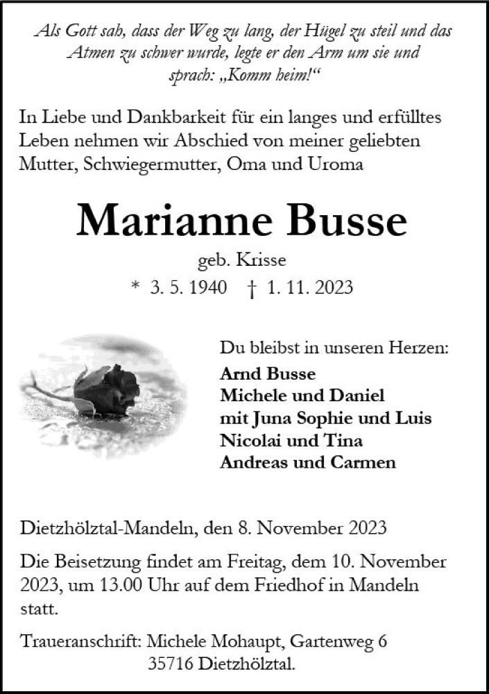 Traueranzeigen Von Marianne Busse Vrm Trauer De