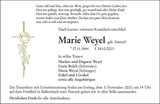 Traueranzeigen Von Marie Weyel Vrm Trauer De