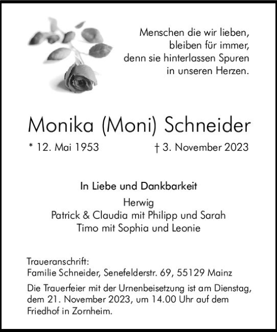 Traueranzeigen Von Monika Schneider Vrm Trauer De