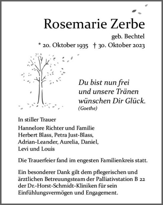 Traueranzeigen Von Rosemarie Zerbe Vrm Trauer De