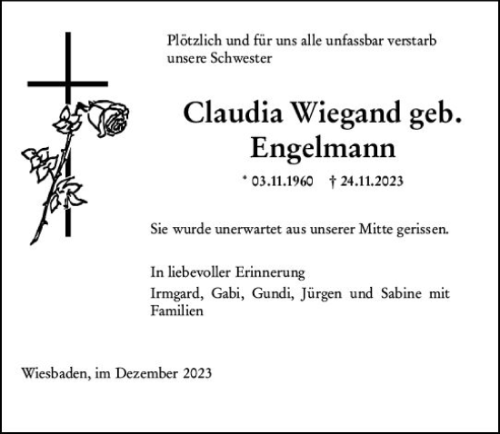 Traueranzeigen Von Claudia Wiegand Vrm Trauer De