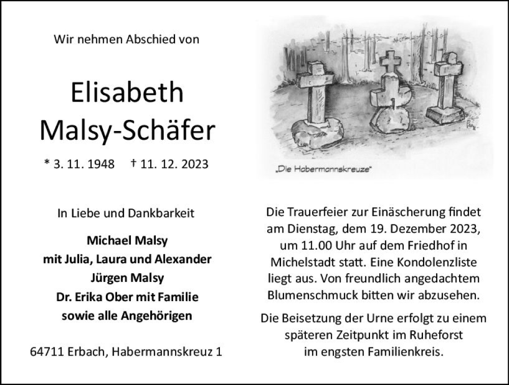 Traueranzeigen von Elisabeth Malsy Schäfer vrm trauer de